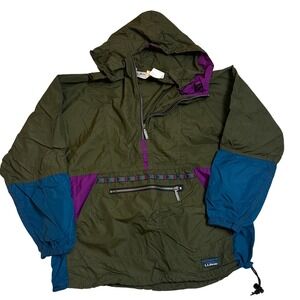 VTG LLBean 90s Anorak Windbreaker Jacket Womens Hooded Pullover Green